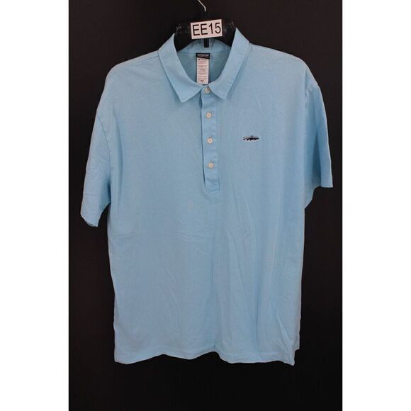 Patagonia Light Blue Polo Shirt Fish Trout Logo Men’s XL 100% Organic Cotton - Picture 1 of 6